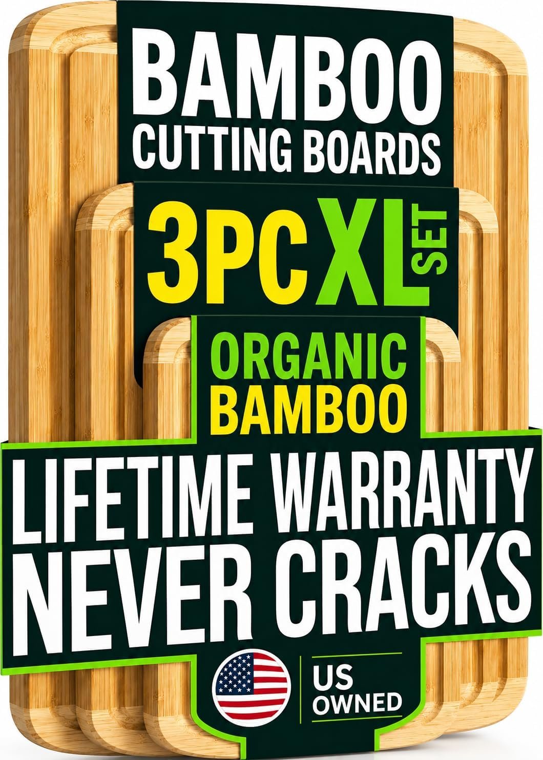 Greener Chef Luxury XL Bamboo Cutting Board Set of 3 with Vertical Grain Strength Technology – Extra Large Wood Cutting Boards for Kitchen and Lightweight Chopping Board Set – Replacements for Life