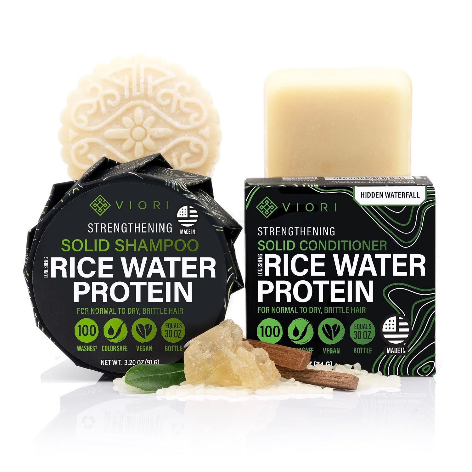 Viori Strengthening Shampoo & Conditioner Bar Set – Hidden Waterfall | Strengthens all hair types; vanilla-musk scent; sulfate/paraben/phthalate-free; vegan; handcrafted with Longsheng rice water