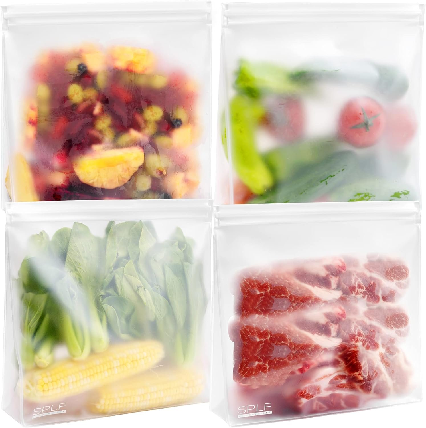 SPLF 4 Pack Dishwasher Safe Reusable Gallon Freezer Bags Stand Up | BPA FREE Food Storage Bags, Extra Thick Leakproof Silicone and Plastic Free Zipper Sandwich Snack Lunch Food Bags