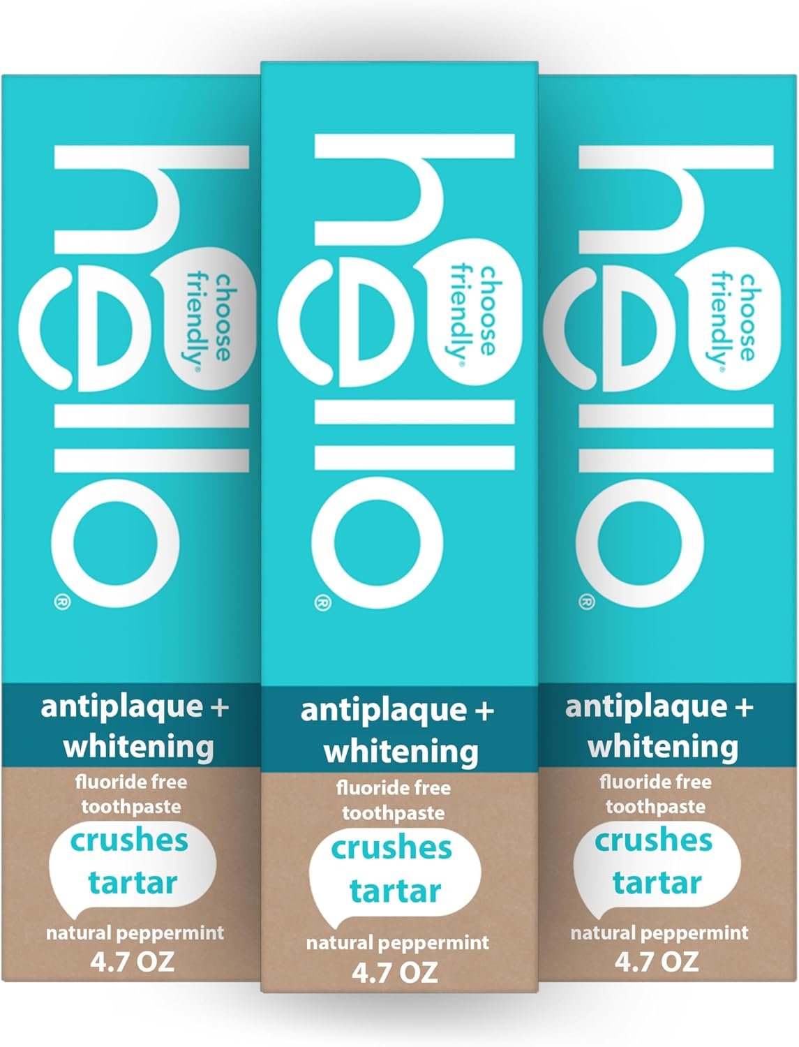 hello Antiplaque and Whitening Fluoride Free Toothpaste, Whitening Toothpaste with Coconut Oil and Tea Tree Oil, Helps Whiten Teeth, Natural Peppermint, 3 Pack, 4.7 Oz Tubes