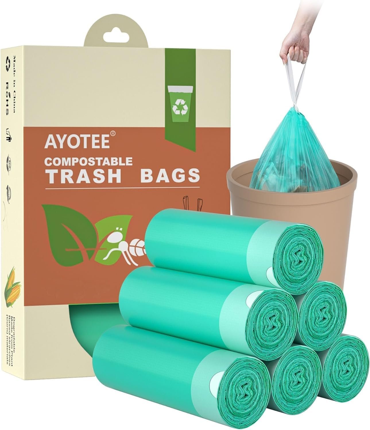 AYOTEE Compostable Trash Bags 4 Gallon Drawstring Trash Bags,100 Count | Ultra Strong Unscented Compostable Garbage Bags Small Trash Bags Waste Basket Liners for Bathroom, Kitchen, Car, Pet