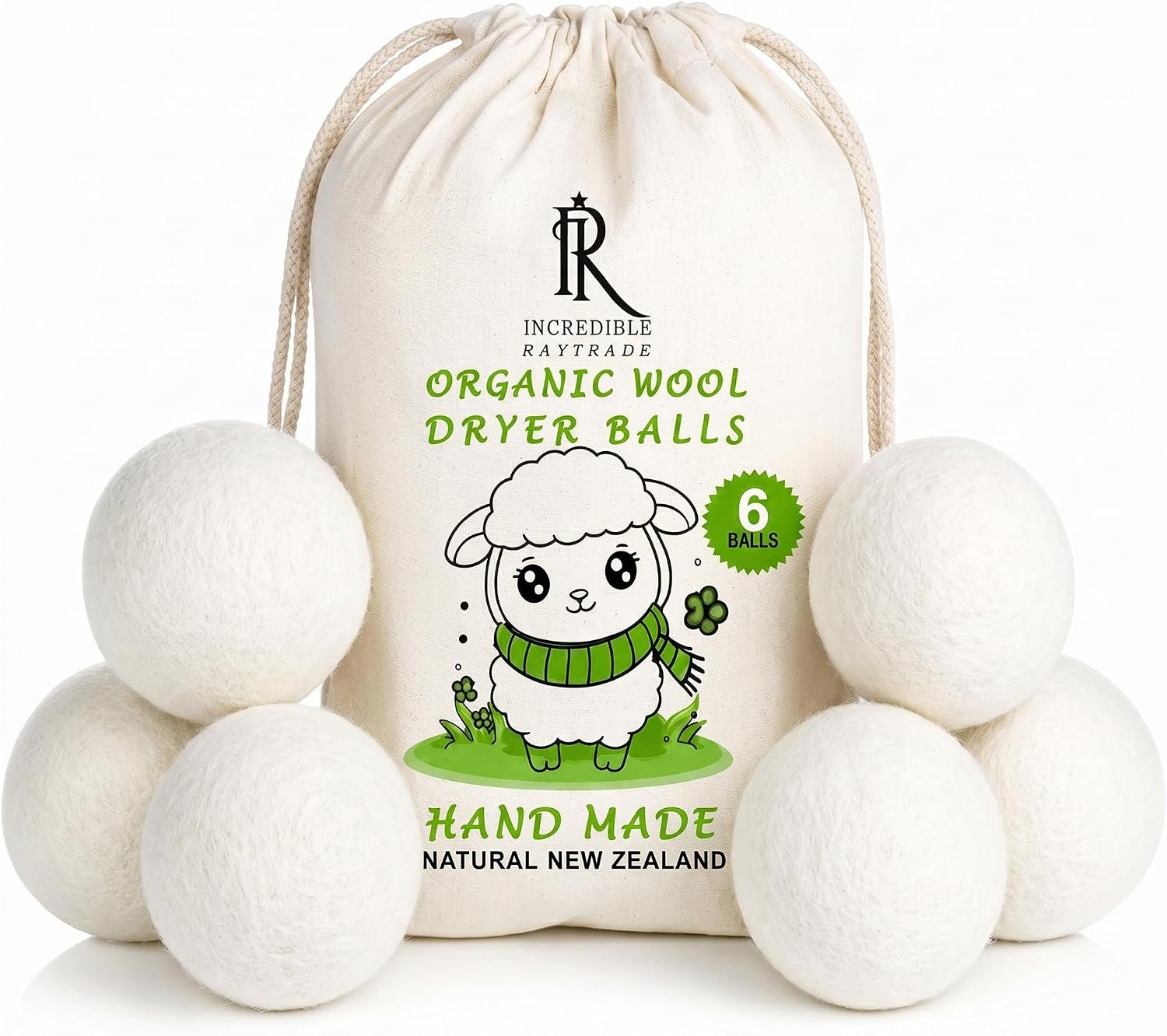 RAYTRADE Wool Dryer Balls 6-Pack 100% Made of Organic New Zealand Wool Reduces Clothing Wrinkles and Saves Drying Time Reusable Natural Fabric Softener Stocking Stuffer Gifts