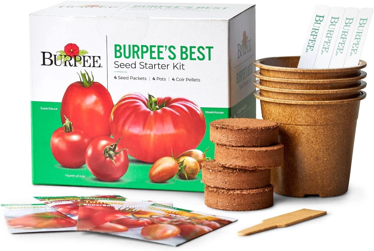 Burpee Best Starter Kit, SuperSauce, Fourth of July, Shimmer & Steakhouse, 4 Tomato Seed Packets, 4 Pots, 4 Coir Pellets & 4 Plant Markers
