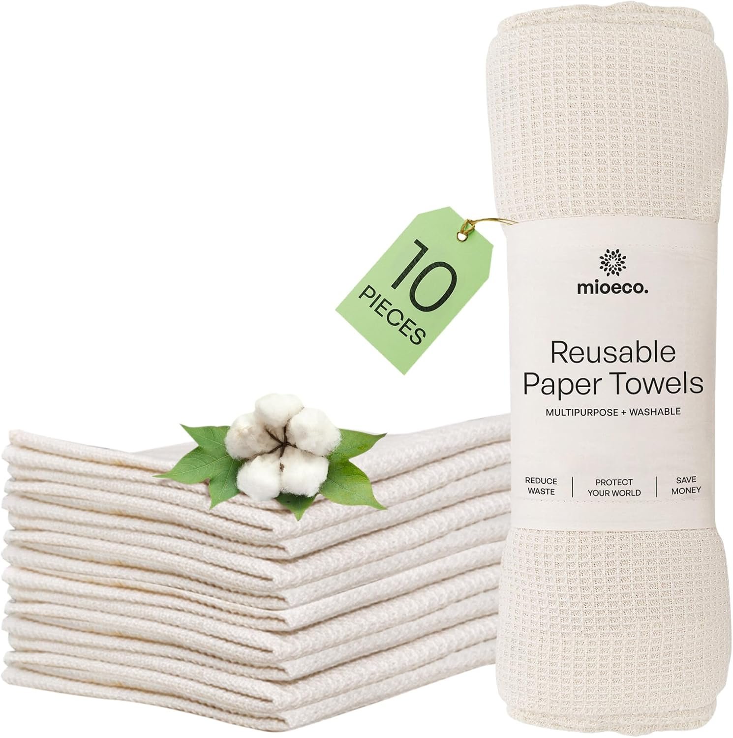 mioeco 10 Pack Reusable Kitchen Paper Towels, Organic Dish Cloths | Highly absorbent, Machine washable, Soft Organic Cotton, Paperless Eco-friendly Alternative, Color Natural