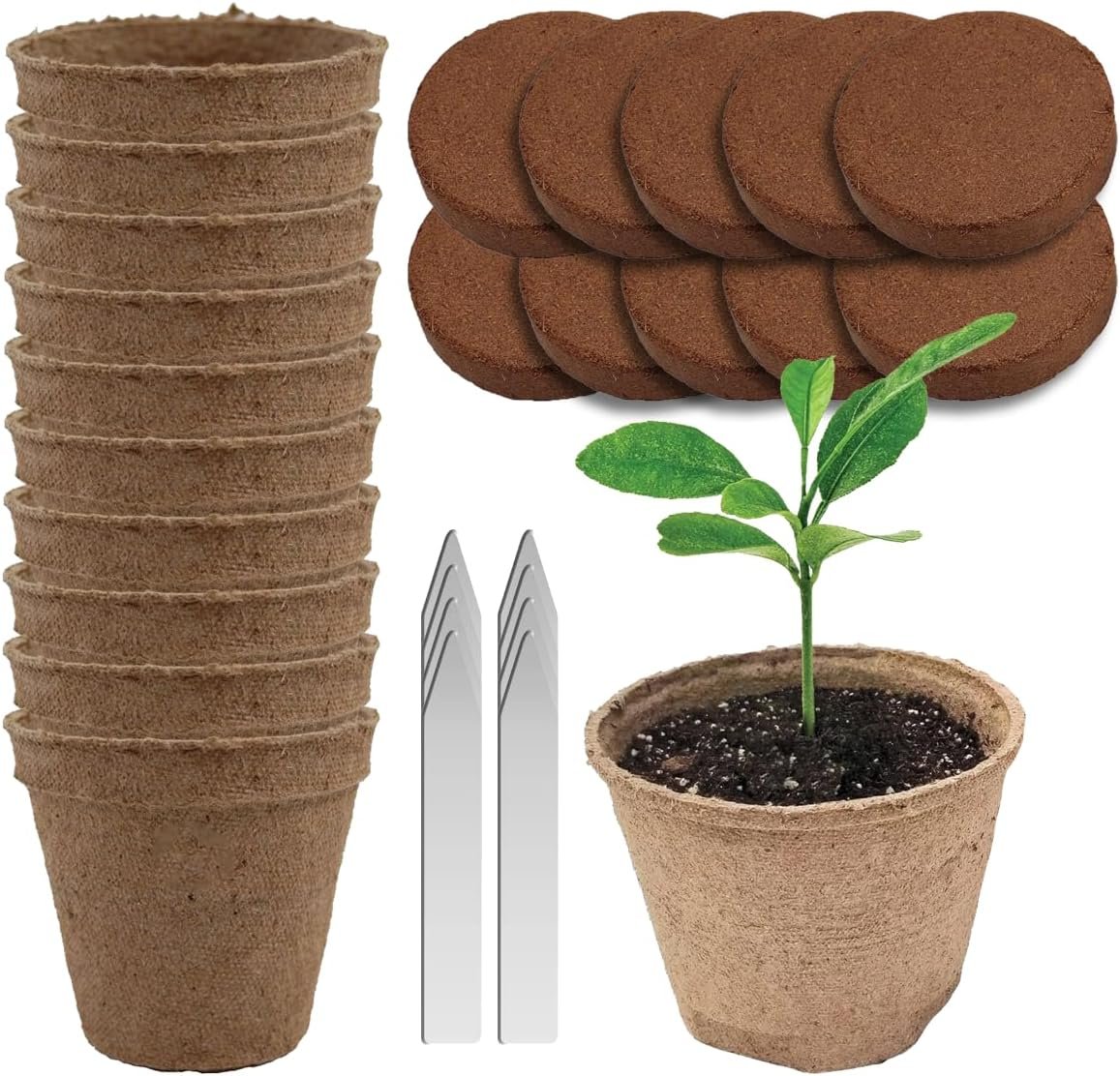 Seed Starter Kit – 10 Peat Pots, Coco Coir Discs & Markers | Biodegradable peat pots, expandable coir soil discs, plant markers, no transplant shock, indoor outdoor use