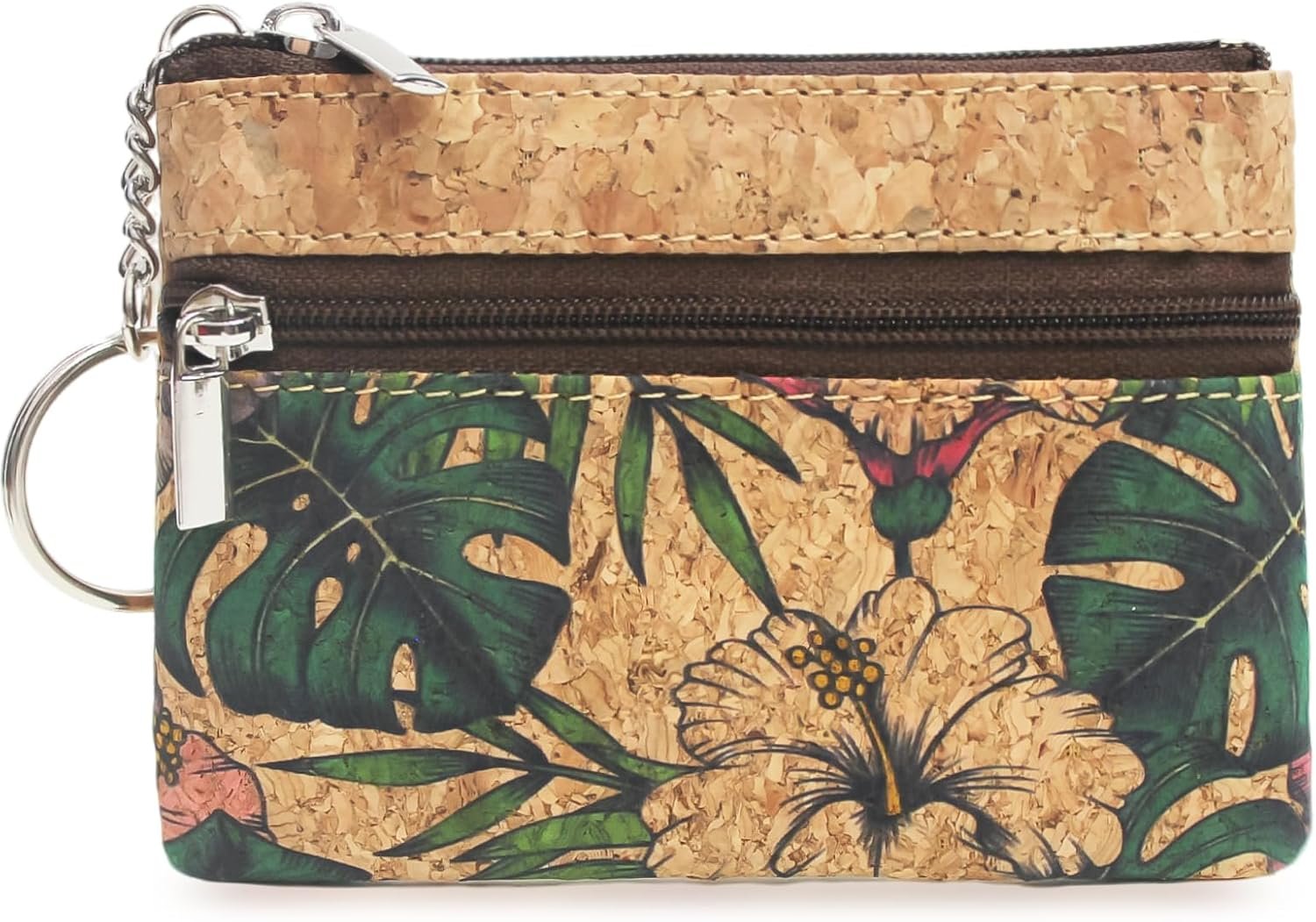 Eco-friendly Natural Cork Coin Purse, Boshiho Mini Coin Change Wallet Credit Card Holder Zipper Pouch Vegan Wallet with Key Ring Keychain