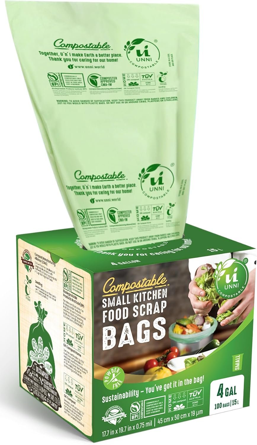 UNNI 4 Gallon Compostable Trash Bags, 100 Count, Extra Thick 0.75 Mil | Small Compost Bags for Kitchen Food Scrap Bins & Bathroom Cans, Certified by BPI, CMA & OK compost HOME, Meets ASTM D6400