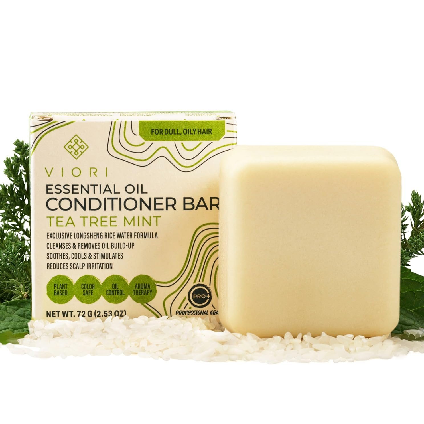 Viori Tea Tree Mint Conditioner Bar for Oily Scalp – Essential Oil | Cooling tea tree & mint scent; detangles & conditions; handcrafted with Longsheng rice water; vegan, plastic-free