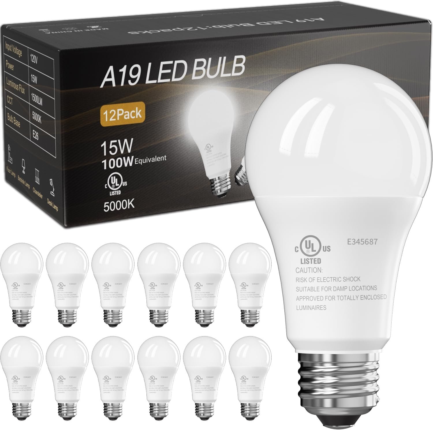 TJOY 12 Pack LED Light Bulbs, 100 Watt Equivalent A19, Daylight White 5000K | 15W Bright White Energy Saving Lightbulbs with E26 Standard Base, 1500 Lumens Non Dimmable Lamp for Home Bedroom Indoor
