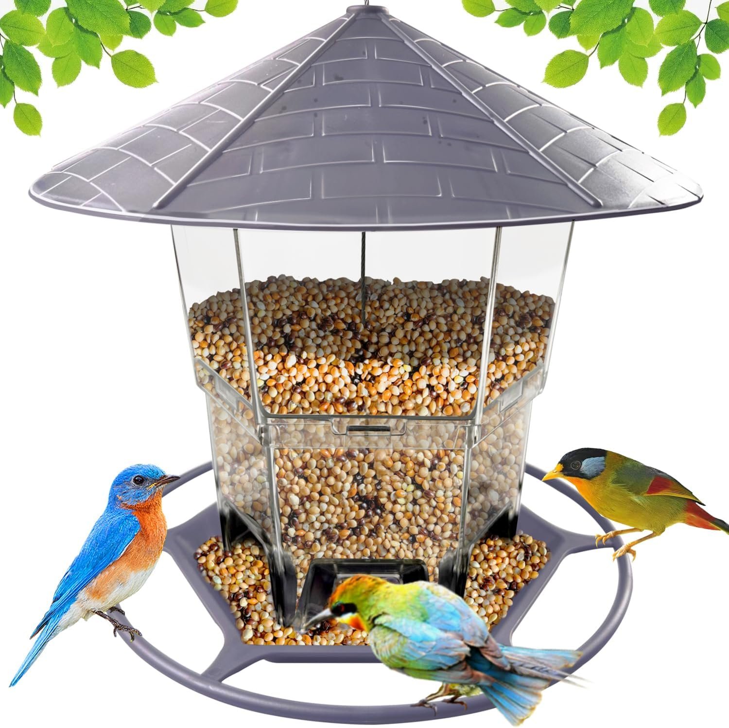 Bird Feeders for Outside, Adjustable Feeder with Sturdy Wire and Roof, Plastic Birds Feeder for Garden, Backyard, Terrace