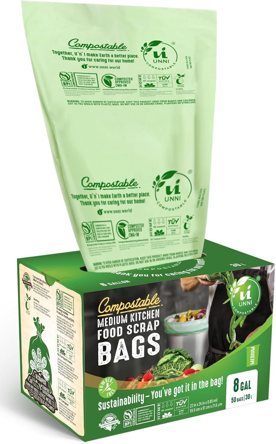 UNNI 8 Gallon Compostable Trash Bags, 50 Count, Extra Thick 0.85 Mil | Medium Kitchen Garbage Bags, Compost Bags for Food Scrap Bins, Certified by BPI, CMA & OK compost HOME, Meets ASTM D6400