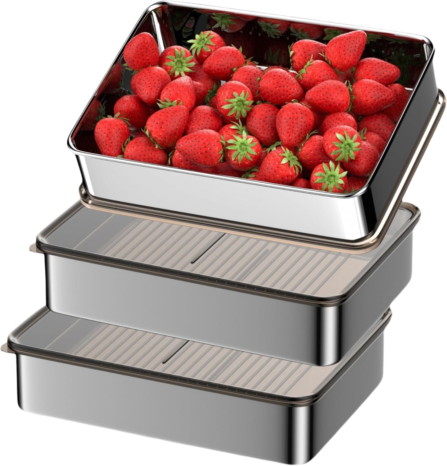 Stainless Steel Food Storage Containers, Silver, 3-Piece Set | Airtight with Vacuum Seal, Stackable Rectangular, BPA-Free Lids, For Meal Prep and Leftovers Storage, Deep – 3.3” Height