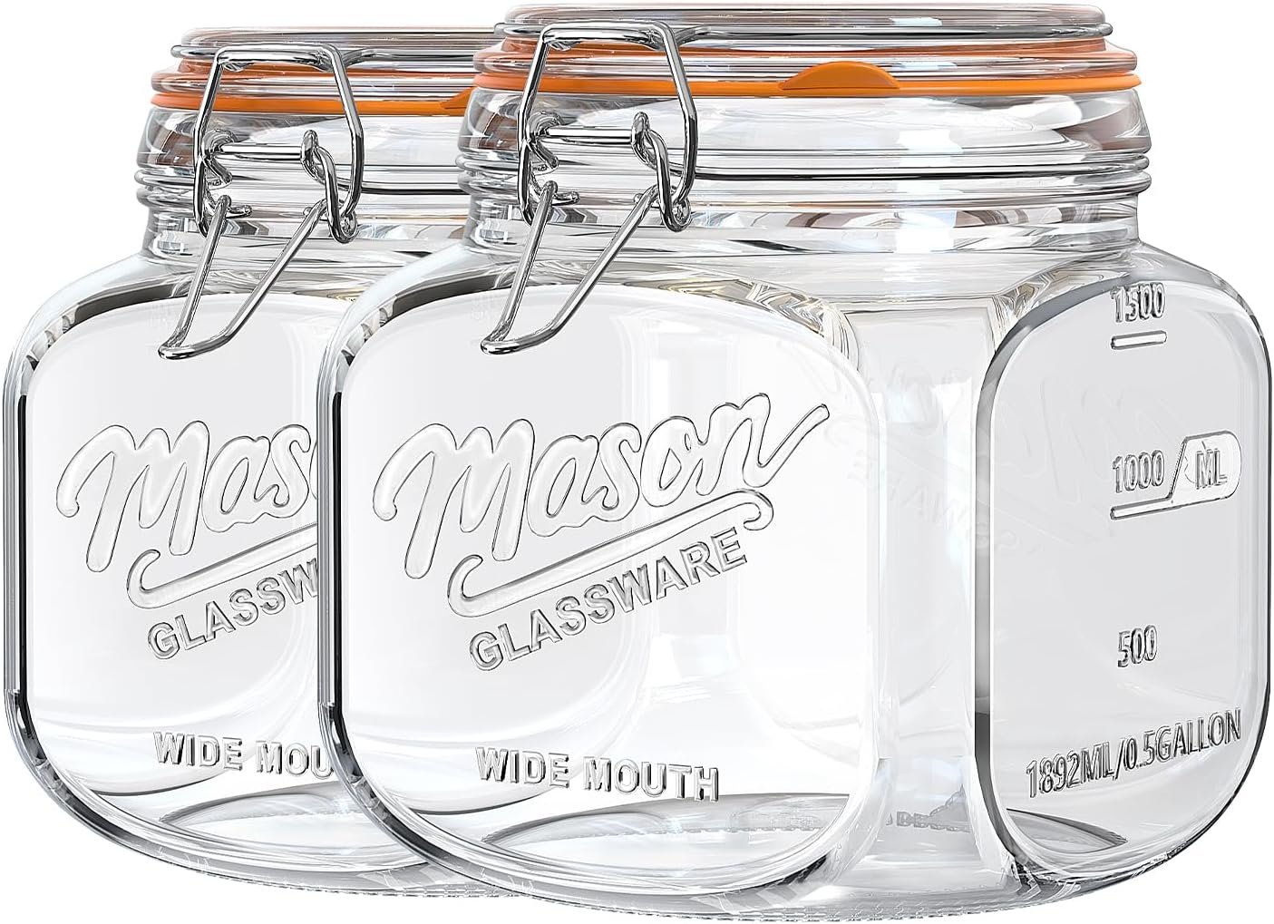Half Gallon Mason Jar with Hinged Lid, 2 Pack Glass Canister, 64 Oz | 4.3” Wide Mouth Storage Jars for Food Storage, Cookie, Flour, Candy, Coffee, Pickle, Glass Jar with Lid, 2 Scale Marks