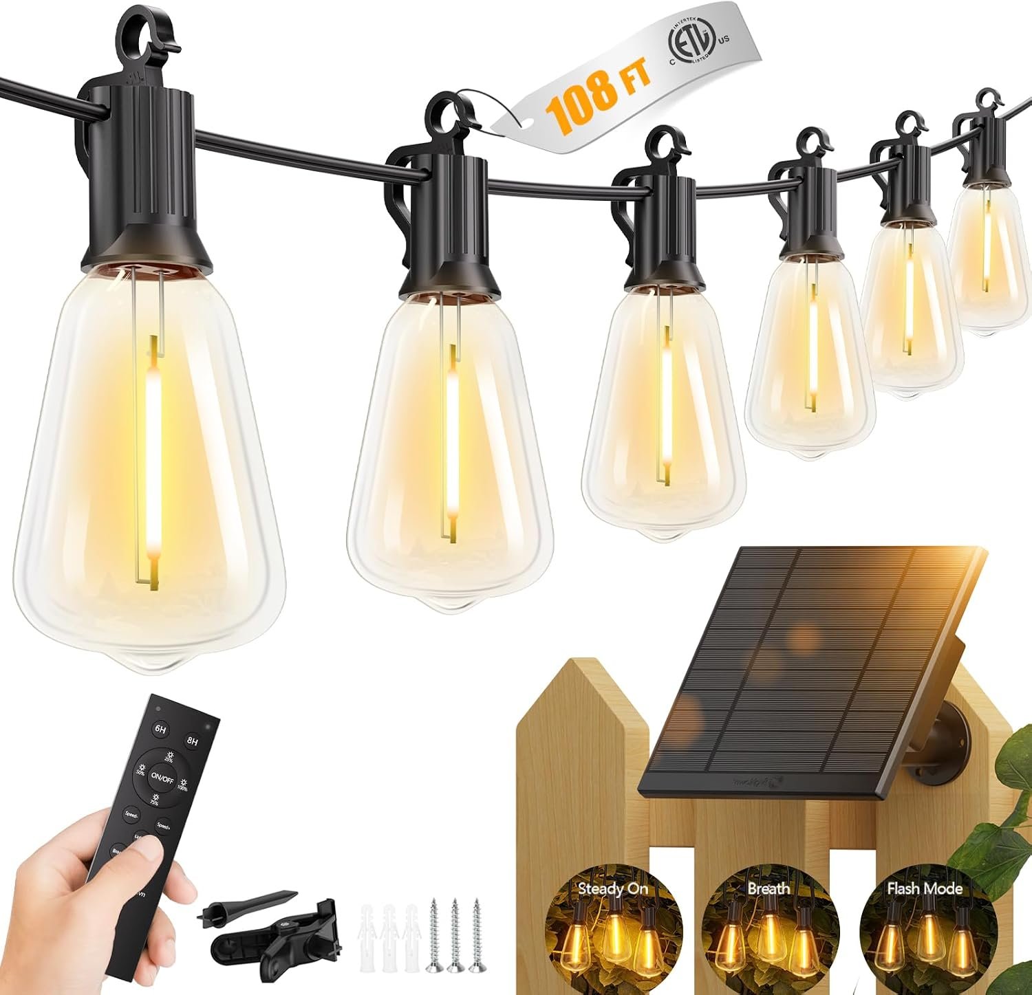 Brightown 108FT Solar String Lights Outdoor, 50+2 Shatterproof LED Lights | Waterproof, Remote Control, Dimmable, Timer, 3 Light Modes, Commercial Grade Patio Lights for Garden, Backyard, Party Decor