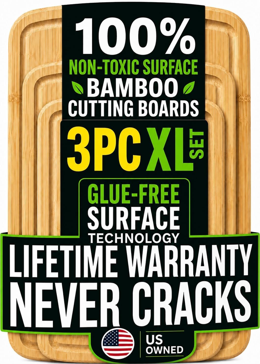Greener Chef Luxury Bamboo Cutting Board Set of 3 with Glue-Free Surface Technology – Extra Spacious Wood Cutting Boards for Kitchen and XL Chopping Board Set – Replacements for Life