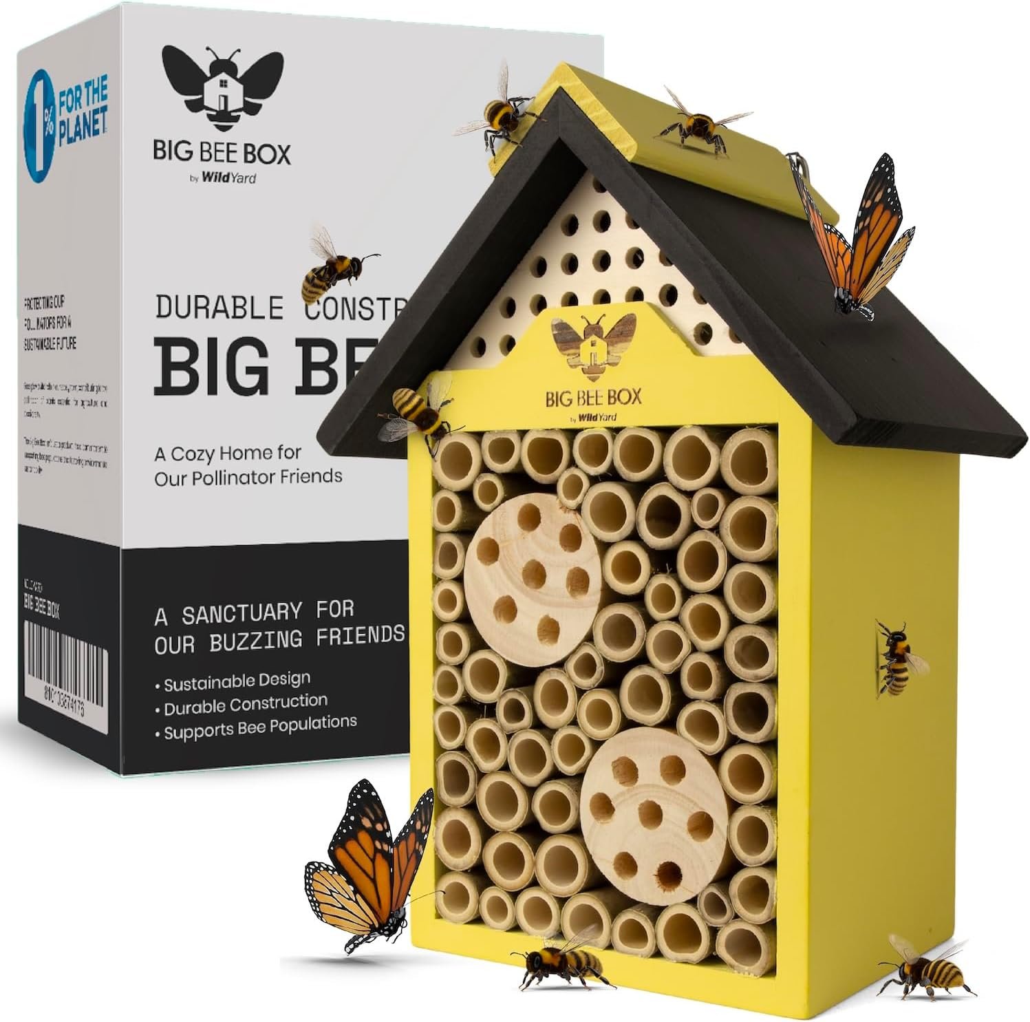 Bee House for Garden – Yellow with Nesting Tubes, Easy Mount | Wooden pollinator hotel with removable nesting tubes, weather-resistant easy-mount design for garden bees.