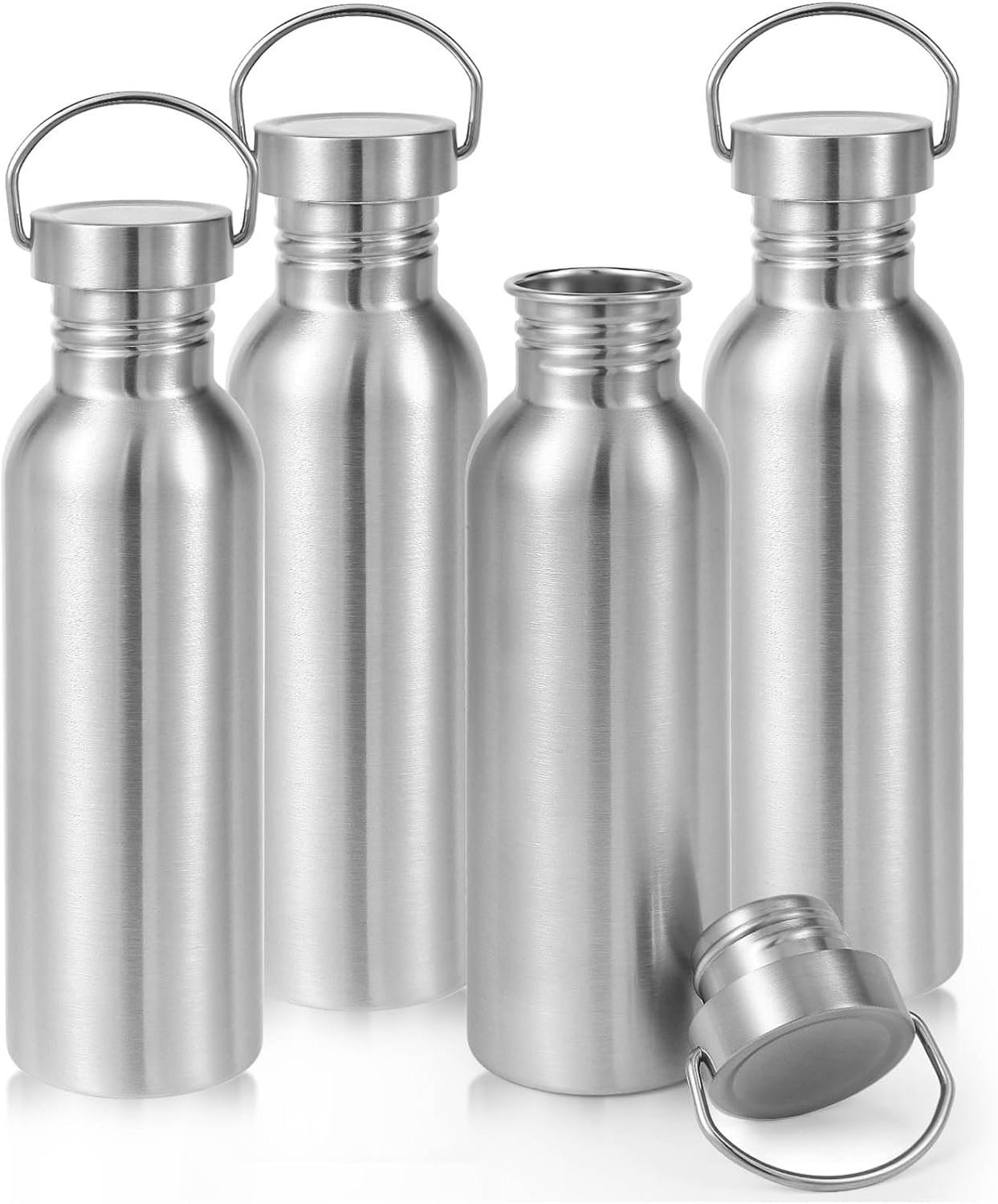 Volhoply 26oz Uninsulated Single Walled Water Bottle 4 Pack, Stainless Steel Reusable Water Bottles with Handle, BPA Free & Plastic Free 18/8 304 Metal Water Bottles for Camping, Hikers, Cyclists