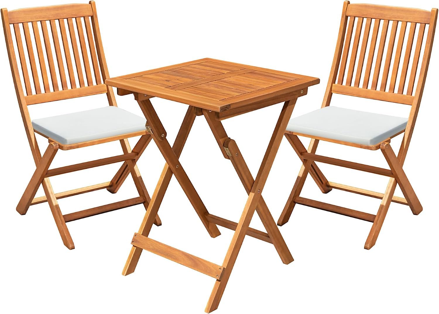 Flamaker 3 Piece Acacia Wood Folding Bistro Set Outdoor (Natural) | Outdoor Bistro Set for 2, Small Bistro Set Outdoor, Square Table and Chairs Balcony Furniture for Porch, Lawn, Backyard