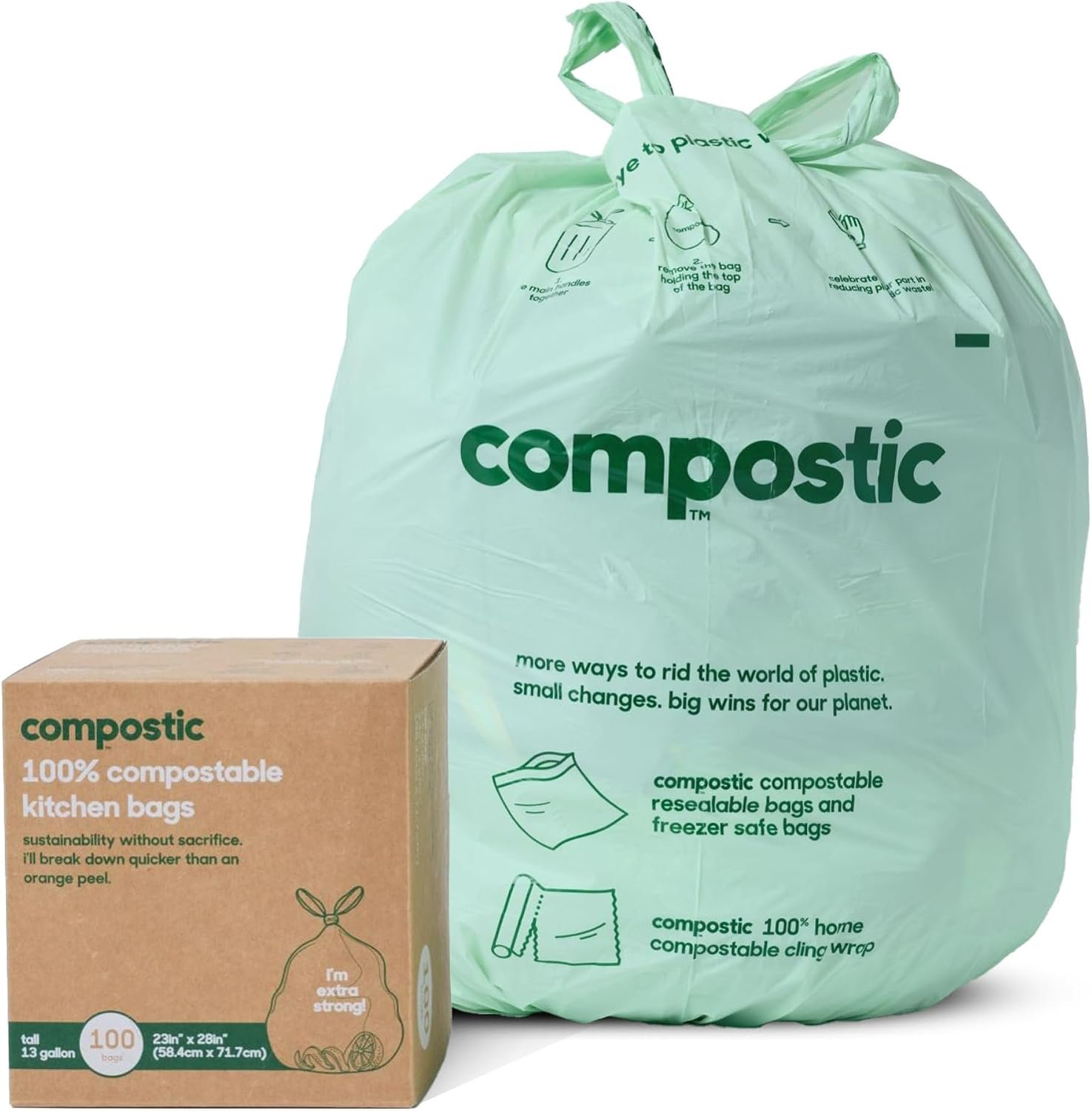 Compostic Compostable 13 Gallon Trash Bags, 100 Ct, Extra Strong | Fits 13 Gallon Bins, Extra Strong & Tear-Resistant, Home Compostable, Unscented, BPA & GMO Free