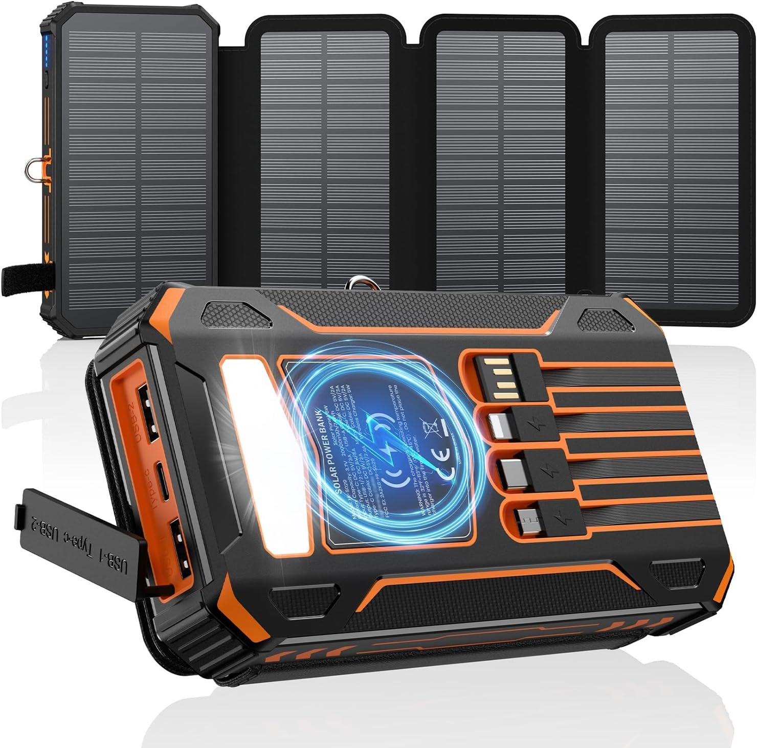 A ADDTOP Solar Charger Power Bank 20000mAh Built-in 4 Cables, Wireless Portable Charger with 4 Solar Panels and 3 USB Ports, PD QC 3.0 Fast Charging Battery Pack for Cell Phone, Tablets(Orange)