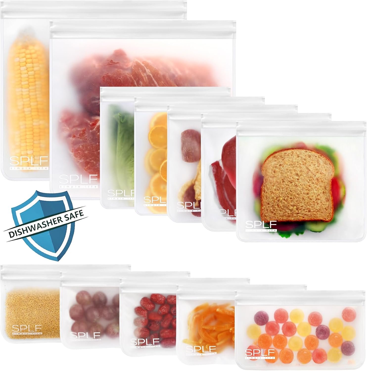 SPLF 12 Pack Dishwasher Safe Reusable Food Storage Bags, White | BPA Free Freezer Bags Leakproof Silicone and Plastic Free Lunch Bags Fridge Organization – 5 Sandwich 5 Snack 2 Gallon