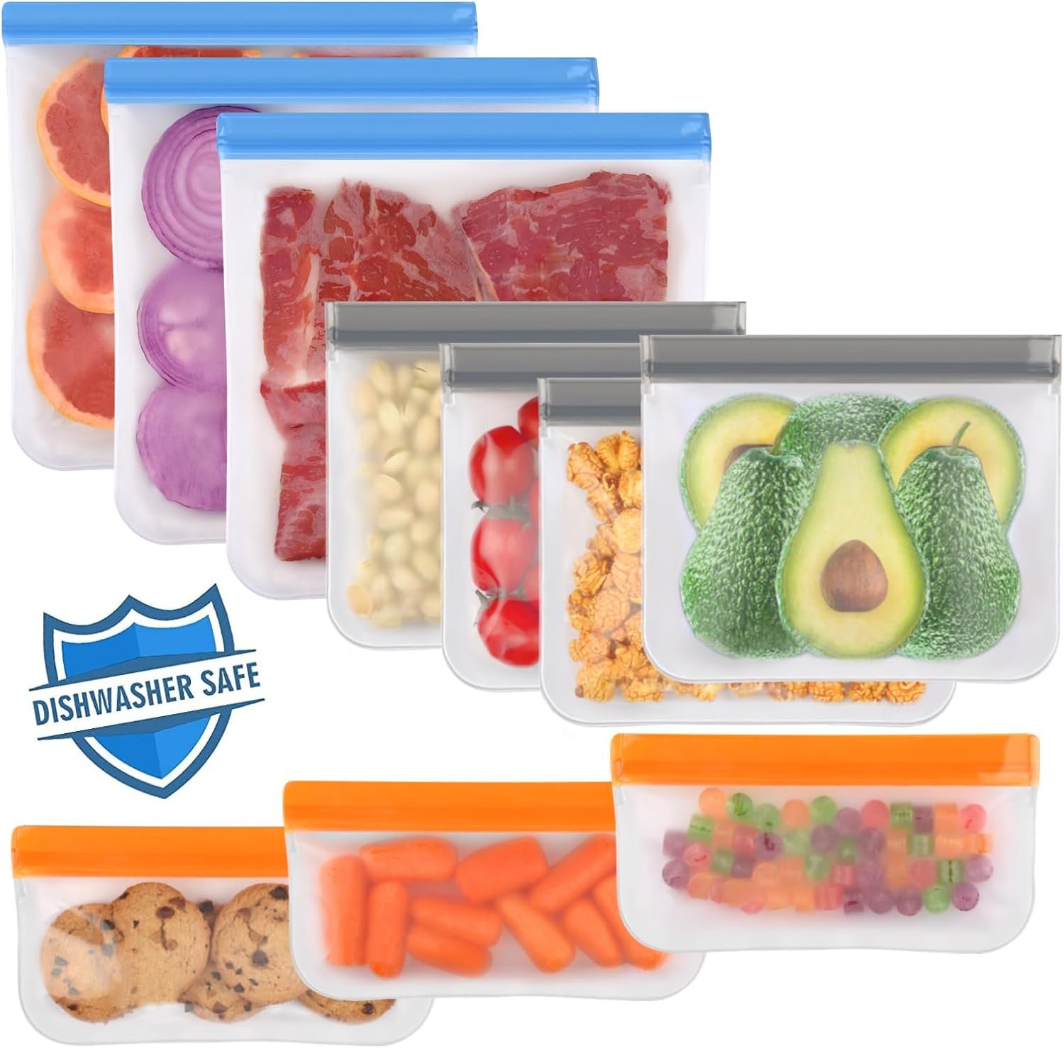 Lerine 10 Pack Dishwasher Safe Reusable Bags, Leakproof Reusable Freezer Bags, BPA Free Food Storage Bags for Marinate Food Travel – 3 Gallon 4 Sandwich 3 Snack | BPA-Free, Food-Grade Material, Leakproof, Extra Thick, Double-Seal, for Marinating Meats, Lunch, Sandwich, Snack, Travel