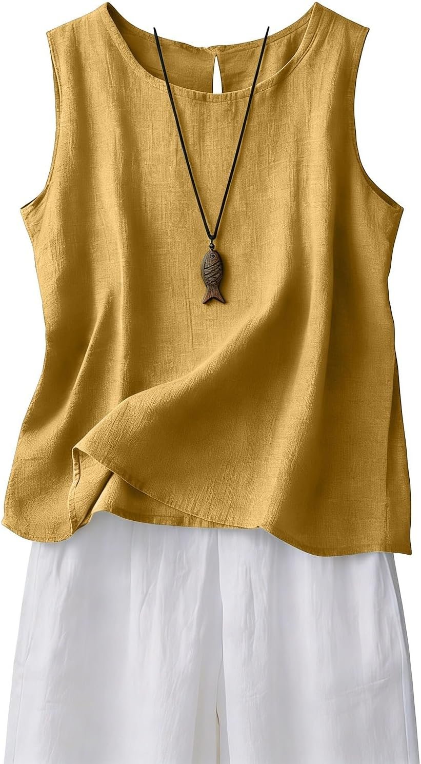 Cotton Linen Tank Tops for Women 2026 Summer Casual Comfy Sleeveless Linen Shirts Loose Lightweight Gauze Cami