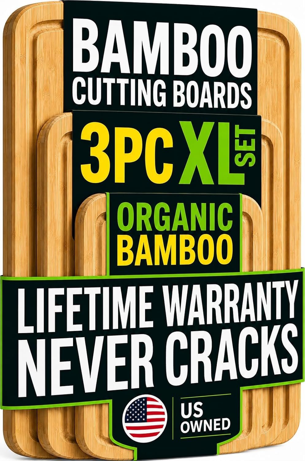Greener Chef Luxury Wood Cutting Board 3-Piece Set with Vertical Grain Strength Technology – Extra Large Bamboo Cutting Boards for Kitchen with Deep Juice Grooves for Chopping – Lifetime Replacements