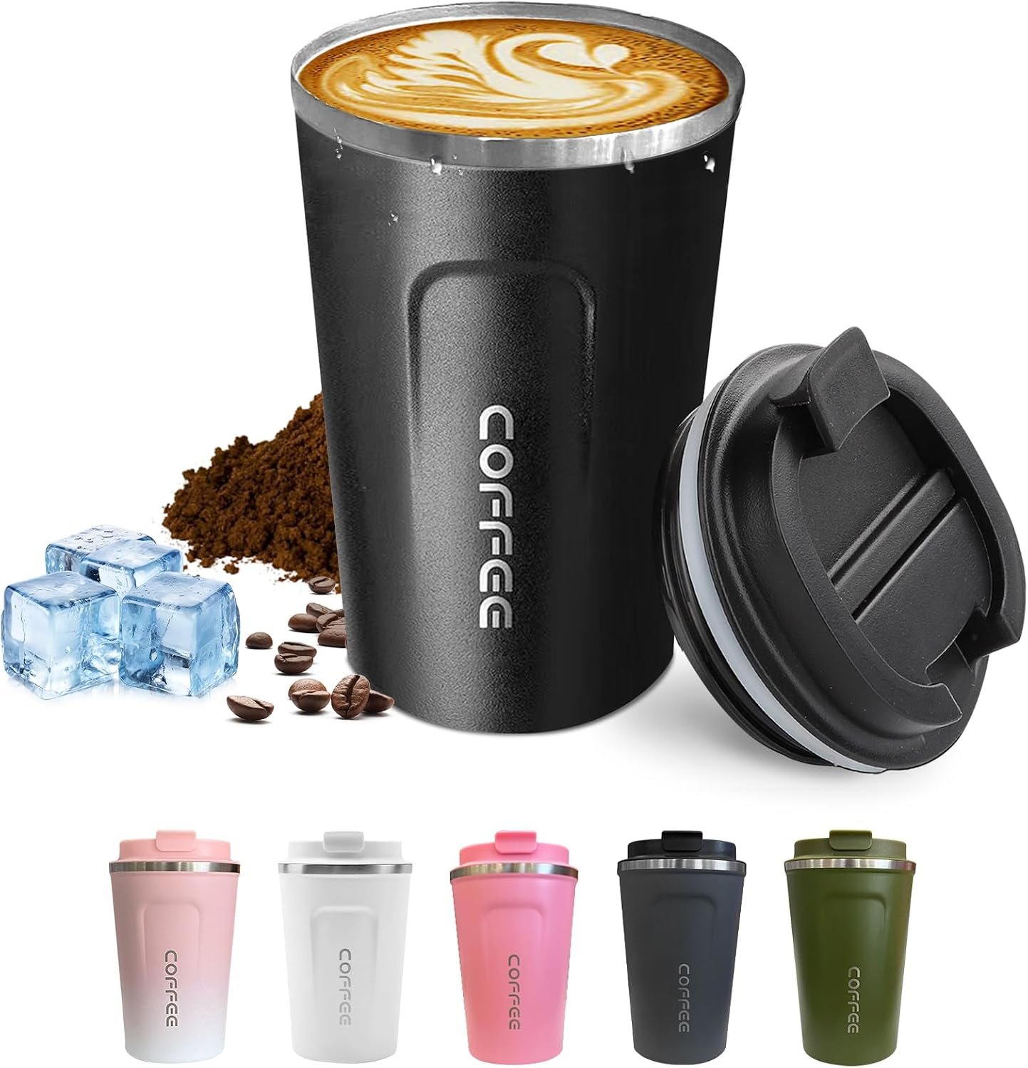 SPLMIFA Travel coffee mugs leak-proof, reusable coffee cups with lids, stainless steel vacuum insulated coffee tumblers, thermal insulation cups for men & women keep drinks hot & cold(2nd-Black, 12OZ)