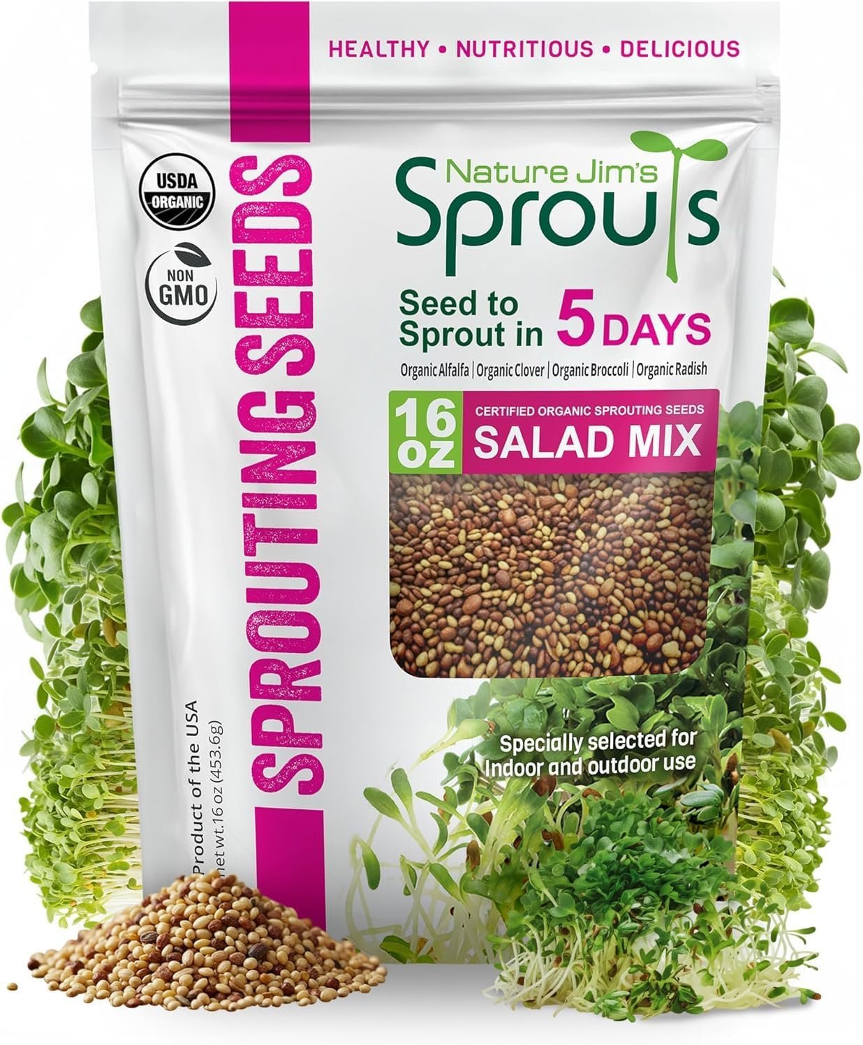 Nature Jim’s Sprouts Organic Salad Mix – Alfalfa, Radish, Clover Seed, 1lb | Non-GMO Microgreen Seeds – Fast-Growing Plants – Ideal Sprouting Seeds for Fresh & Nutritious Indoor/Outdoor Home Gardening