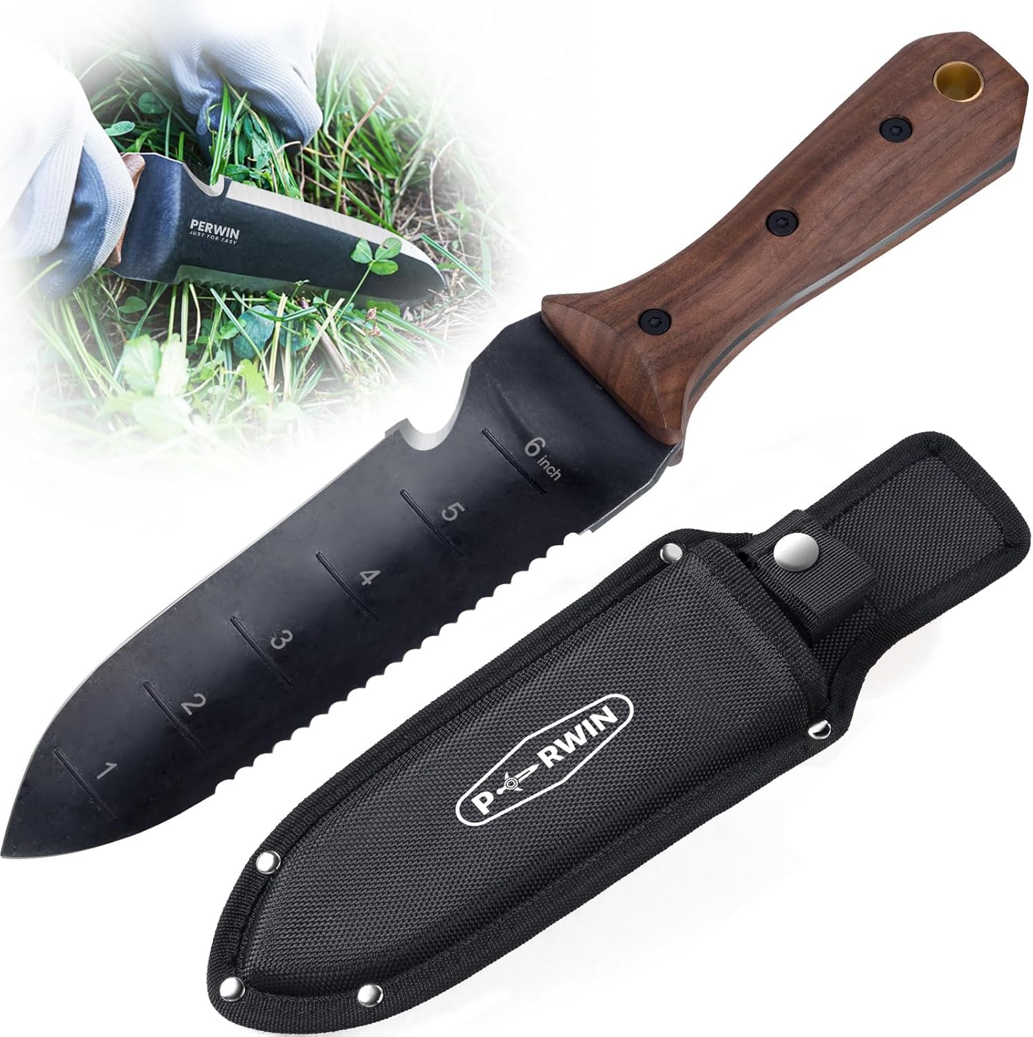 PERWIN Hori Hori Garden Knife, Garden Tools with Sheath for Weeding, Planting, Digging, 7″ Stainless Steel Blade with Cutting Edge, Full-Tang Wood Handle with Hanging Hole