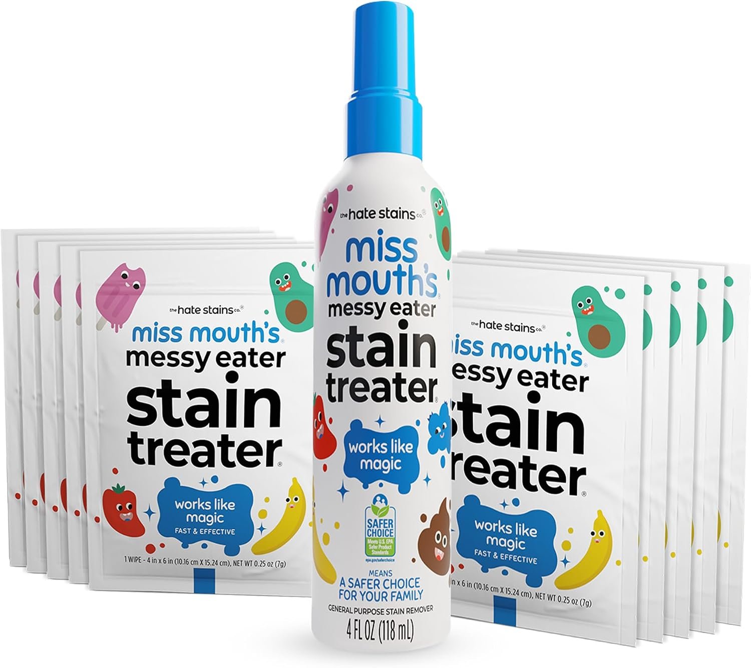 Miss Mouth’s Messy Eater Stain Treater & Wipes Travel Kit | Convenient for Travel; Newborn & Baby Essentials; Cleans Off Food, Grease, Coffee; Use on Laundry, Underwear, Fabric