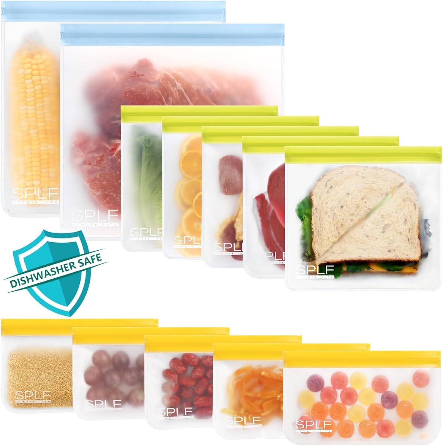 SPLF 12 Pack Dishwasher Safe Reusable Freezer Bags, Multicolor | Leakproof BPA Free Food Storage Bags for Lunch, Meal Prep, Marinate, Veggies, Travel – 2 Gallon 5 Sandwich 5 Snack