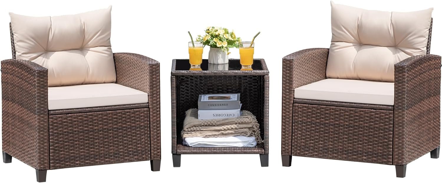 Devoko 3 Pieces Patio Furniture Set Outdoor Wicker Chairs and Table, Beige | Upgraded PE Rattan Patio Conversation Set of 2, Sturdy Outdoor Furniture for Porch, Garden, Poolside, Balcony