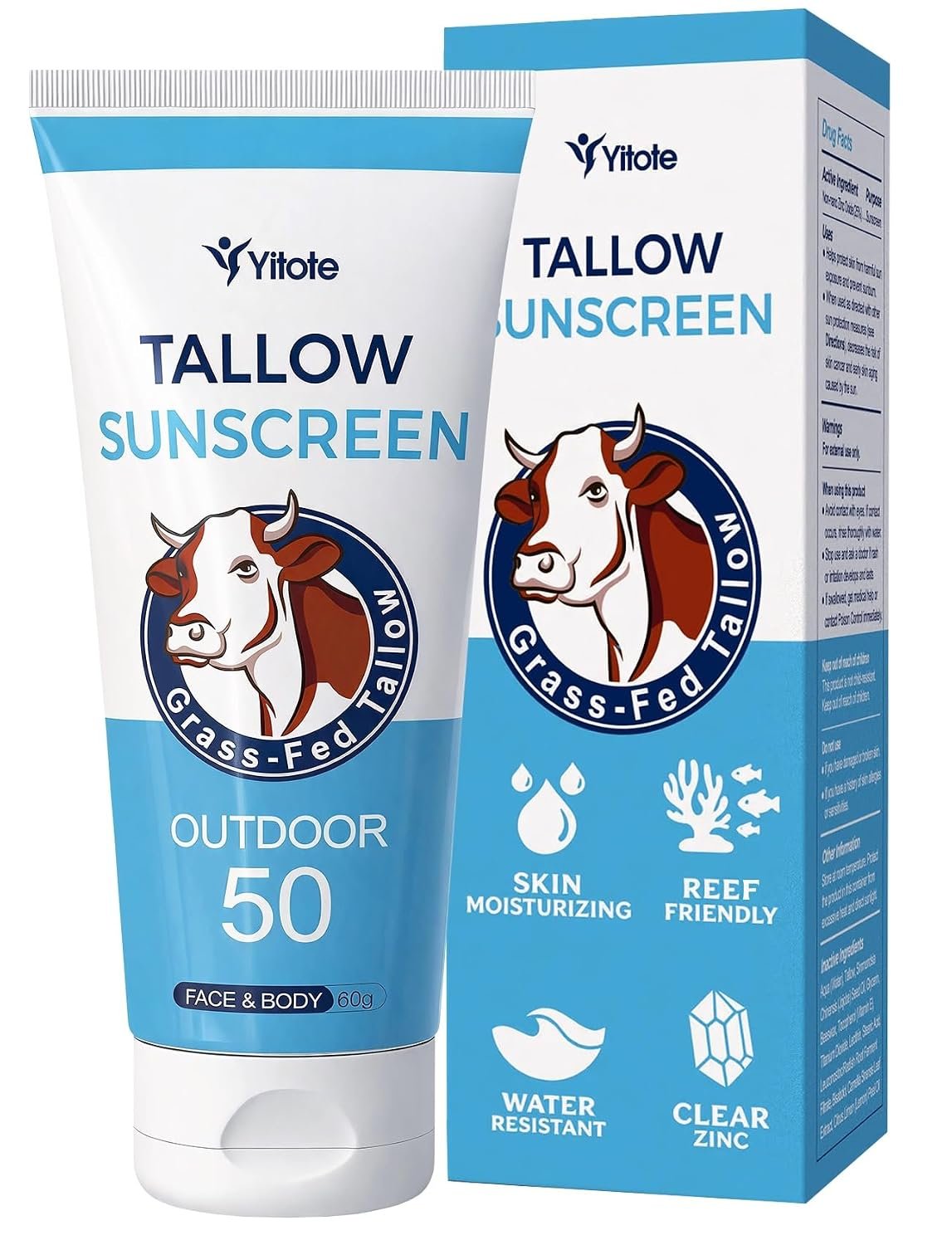 Yitote Organic Tallow Sunscreen SPF 50 – Natural Mineral Sunscreen with Grass-Fed Beef Tallow & Non-Nano Zinc Oxide, Broad Spectrum UVA/UVB Protection, Water Resistant for Face & Body, Travel Size.