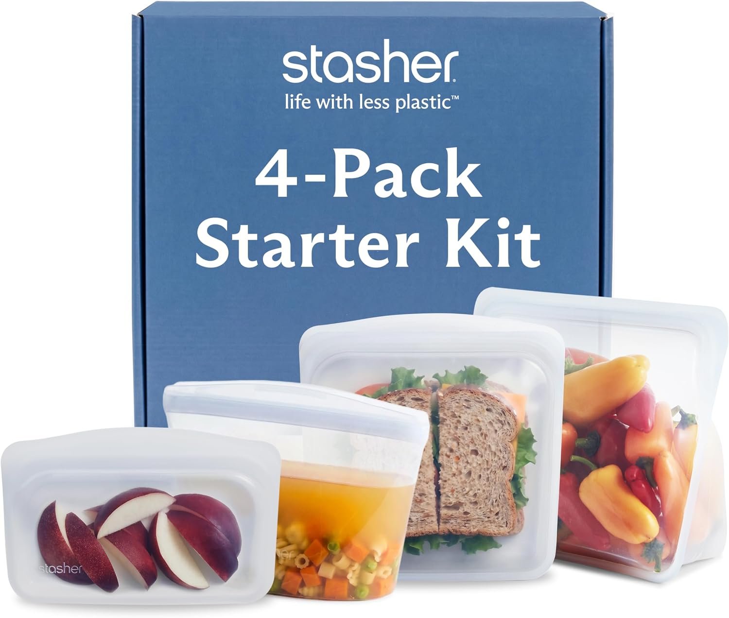 Stasher Premium Reusable Silicone Storage Bags, 4-Pack Starter Kit, Clear | Food-Safe Silicone, Eco-Friendly, Reusable Freezer Bags, Microwave, Dishwasher, Snack Bags, Lunch Containers, Meal Prep