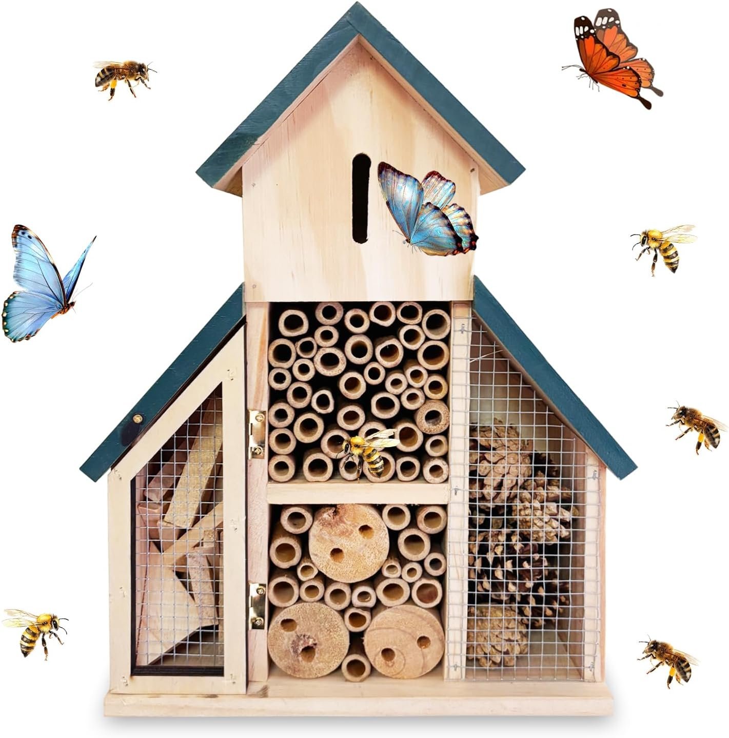 Hanging Bee House 9.5 * 3.7 * 13inch – Wooden Insect House Outdoor Solitary Bee Hive for Garden, Natural Beneficial Insect Habitat for Butterfly, Ladybirds – Easy to Hang & Weatherproof