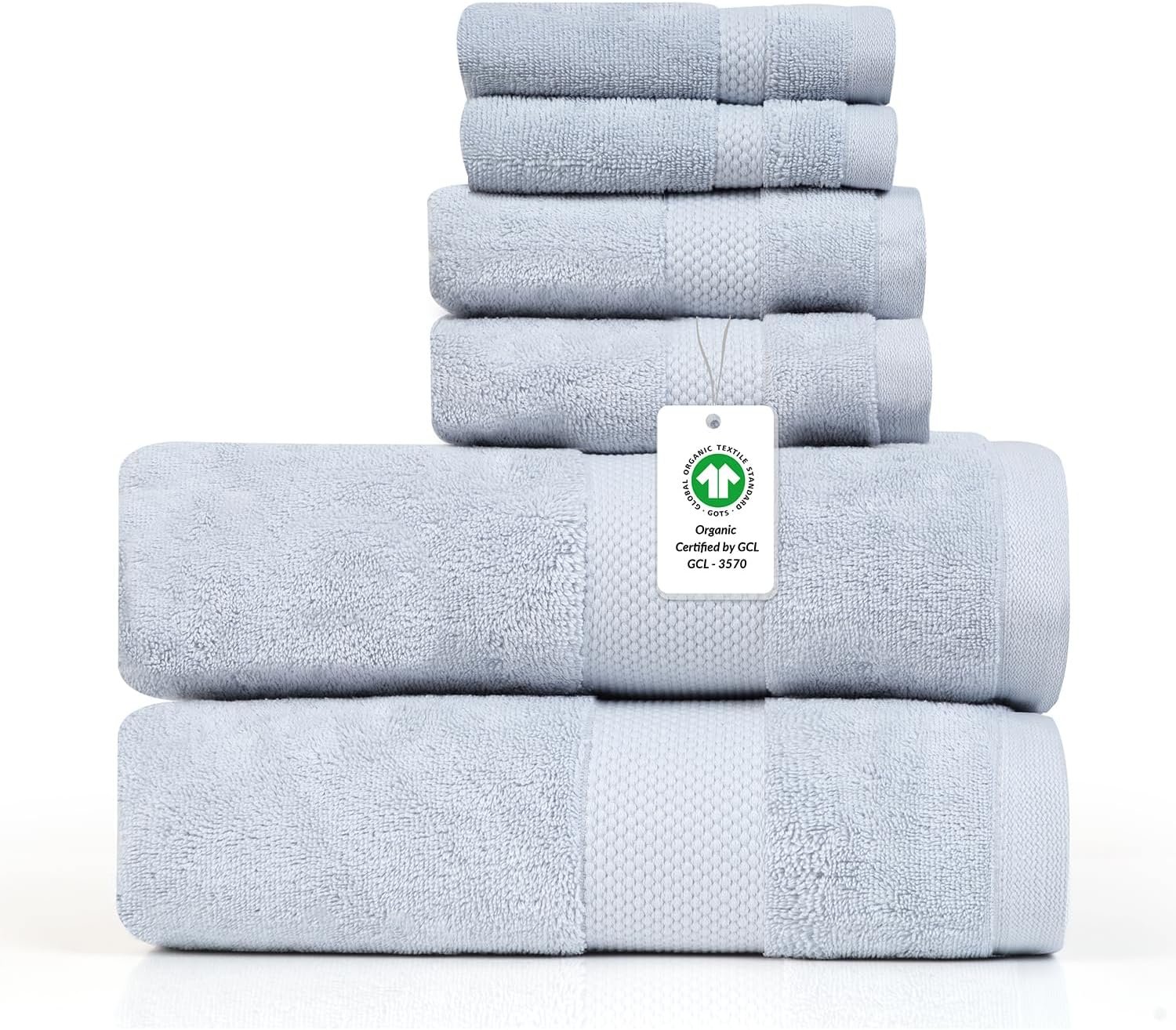 100% Organic Cotton 6-Piece Bath Towel Set, GOTS Certified – Sky