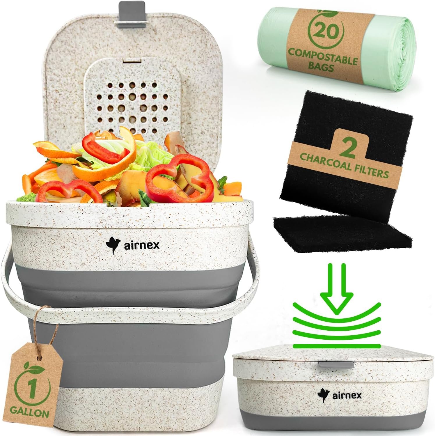 Collapsible Compost Bin Kitchen Counter Caddy – 1 Gallon Countertop Compost Bin with Lid Made of Wheat Straw – Odorless Kitchen Compost Bin Countertop with 20 Compost Bags and 2 Carbon Filters