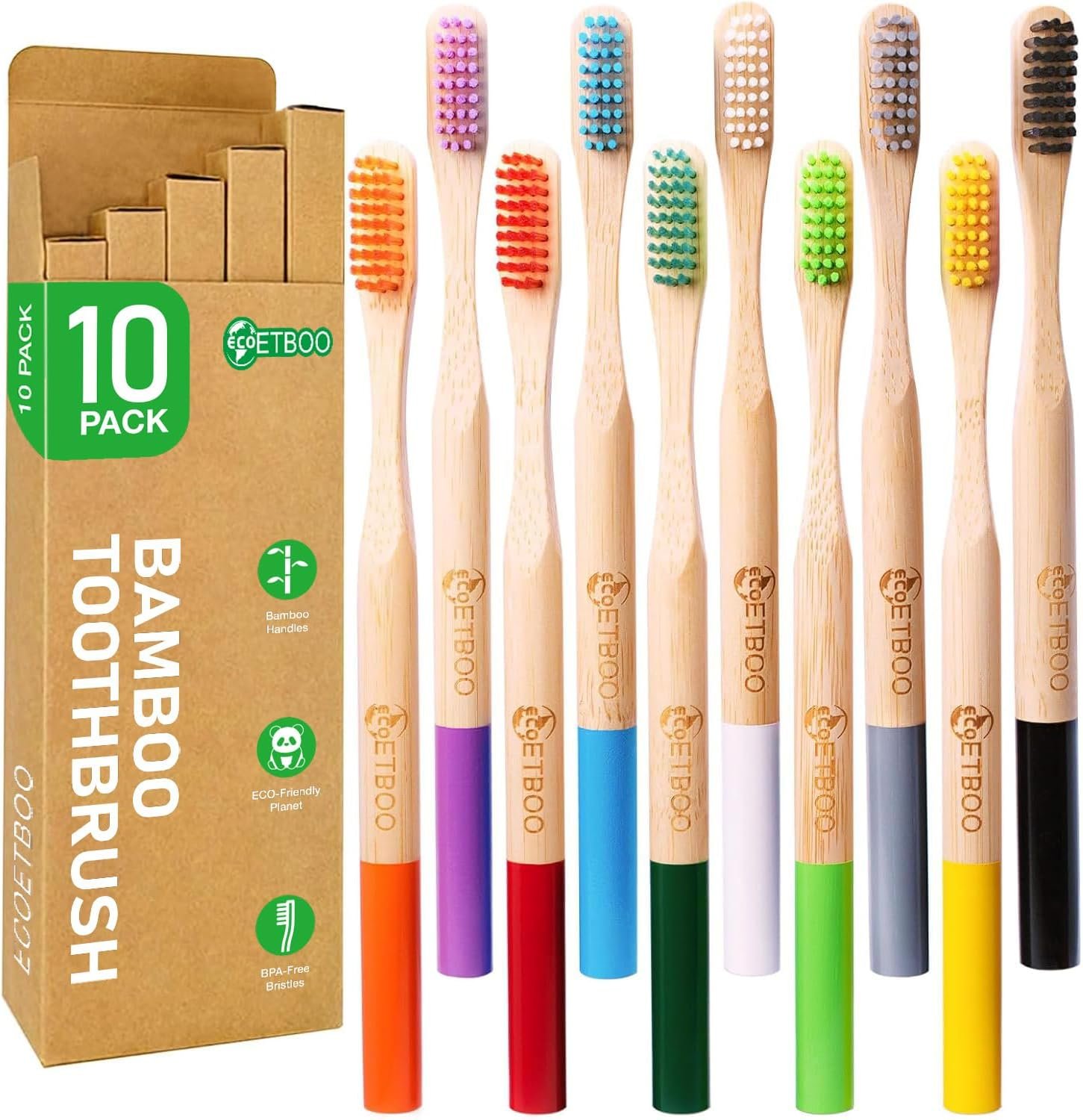 10 Pack Soft Bristles Bamboo Toothbrushes, Plastic Free Toothbrush | BPA Free Bristles for Adults , Natural Wooden Non Toxic Natural Bamboo Handle Tooth brush