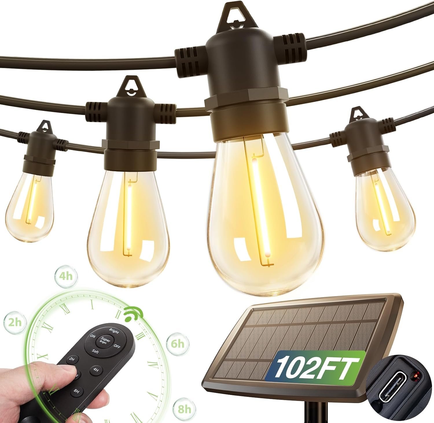 addlon 102FT(96+6) Solar String Lights Outdoor, Last 20+ Hrs, USB Charging | IP65 Waterproof. Dimmable Timer via Remote. Memory, 3 Modes, 2700K Warm White. Easy Install for Patio, Backyard, Porch.