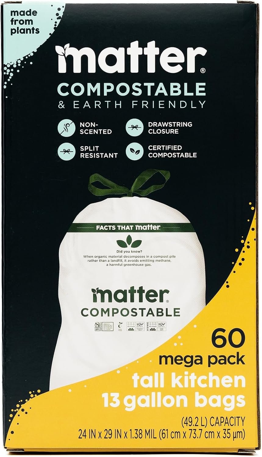 Matter Compostable 13 Gallon Tall Trash Bags, 60 Count, Made From Plants | Tall Kitchen Trash Bags with Drawstring, Unscented, Durable, Leak-Resistent, Made From Plants, BPA-Free, 13 Gallon, 60 Bags