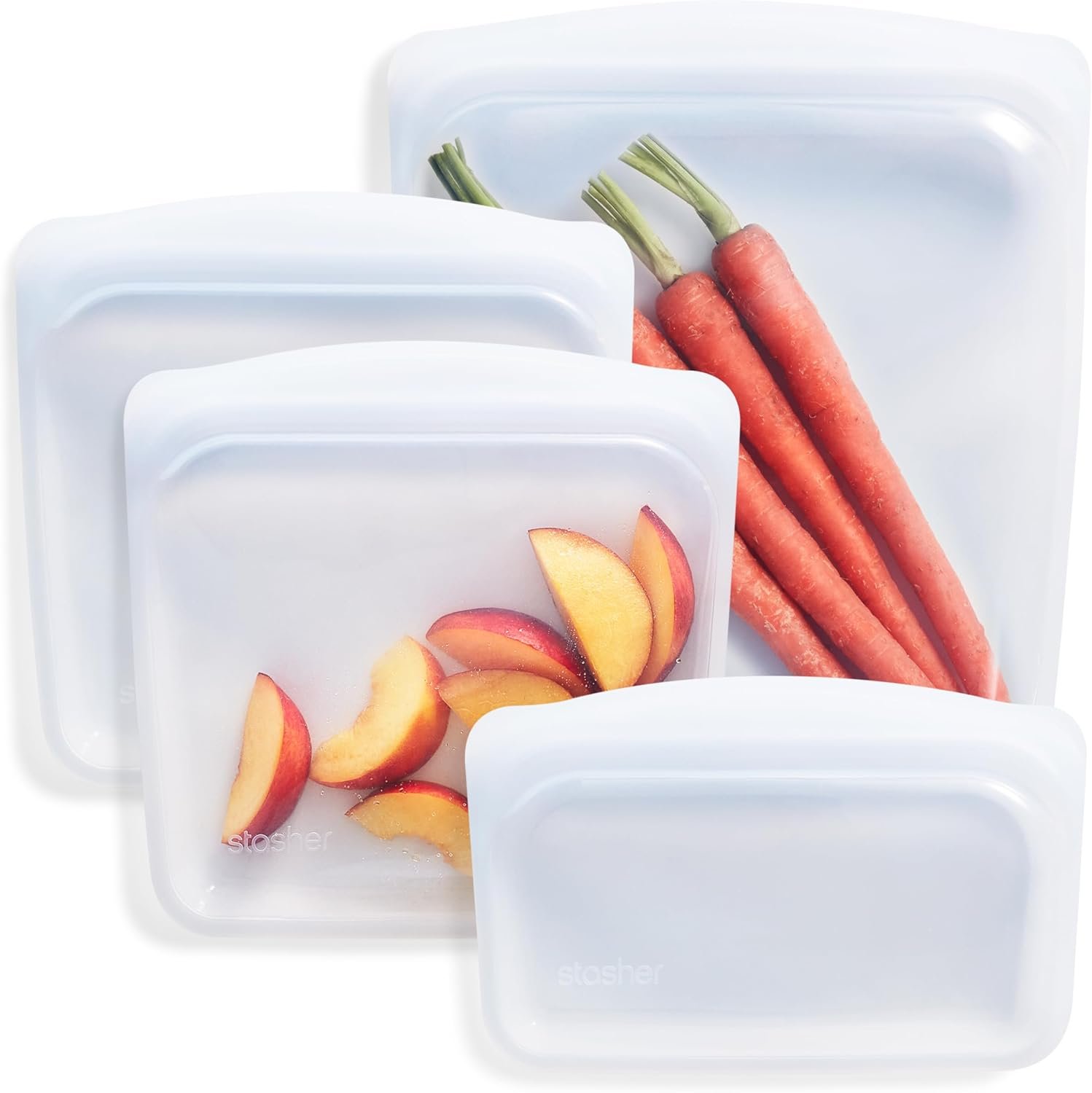 Stasher Premium Reusable Silicone Food Storage Bags, 4-Pack, Clear | Food-Safe Silicone, Eco-Friendly, Reusable Freezer Bags, Microwave, Dishwasher, Snack Bags, Lunch Containers, Meal Prep