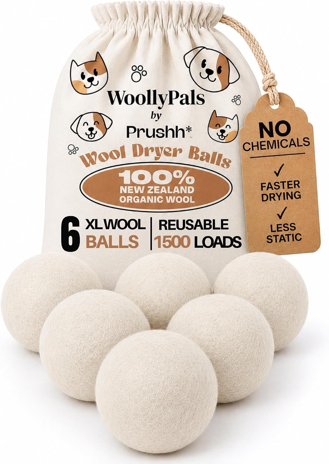 WoollyPals Dryer Balls (6-Pack, XL Size) – 100% New Zealand Wool – No More Dryer Sheets – Eco Dryer Balls – Reusable – Softens Laundry – Reduces Drying Time & Static – with Storage Bag (Plain White) | 100% New Zealand Wool, No More Dryer Sheets, Eco Dryer Balls, Reusable, Softens Laundry, Reduces Drying Time & Static