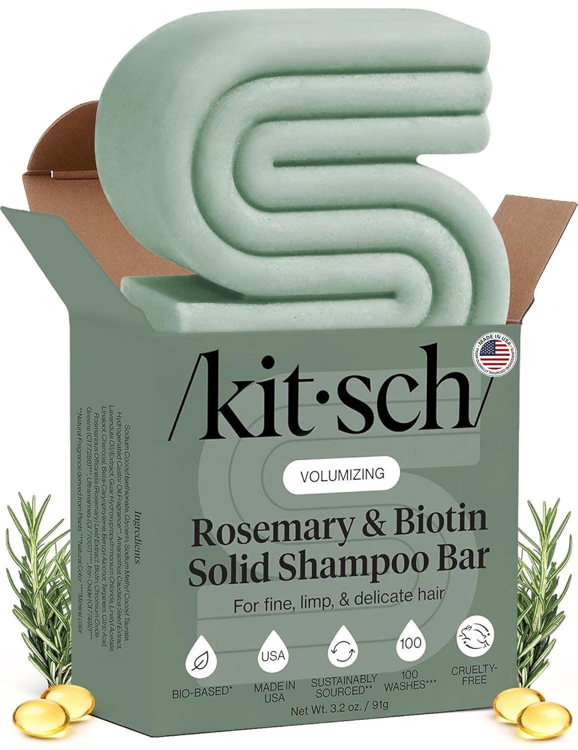 Kitsch Rosemary & Biotin Shampoo Bar Soap for Hair Growth – 3.2 oz | Strengthening, Thickening & Volumizing Hair Shampoo for Women and Men – Free of Paraben, Sulfate & Silicone – Made in USA