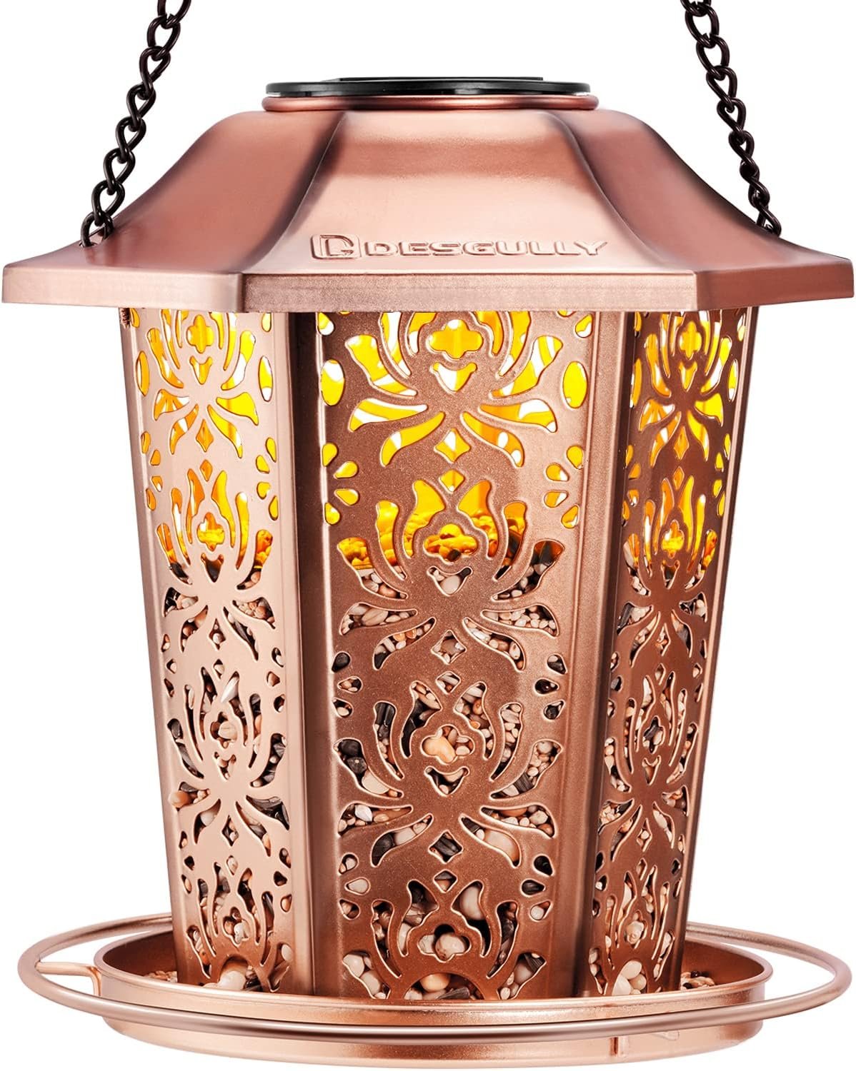 Solar Bird Feeders for Outdoors Hanging – Premium Grade Metal Bird Feeder, Chew-Proof, Weather and Water Resistant Wild Bird feeders, Outside and Garden Decoration-New | Weather Resistant; 8-10H Lighting; IP55 Waterproof; 2.4 lb Seed Capacity; 6 Seed Ports; Easy Hang Design; Garden Decoration