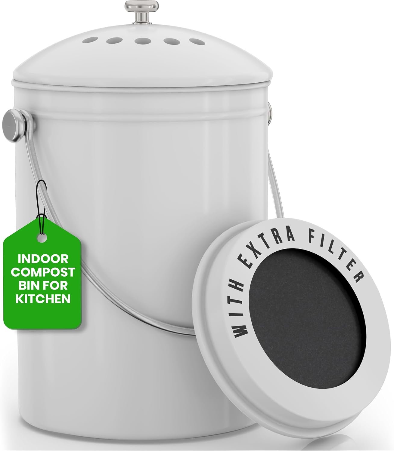 Utopia Kitchen Countertop Compost Bin 1.3 Gallon, Stainless Steel, White | Odorless countertop compost bin with charcoal filter, ideal for food scraps and waste