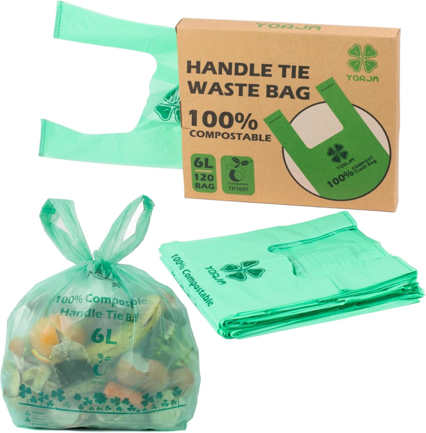 1.6 Gallon Tie Handles Compost Trash Bags 120 Food Scrap Bags, Compostable Kitchen Waste Bags with Europe EN13432 & ASTM D6400 Certified
