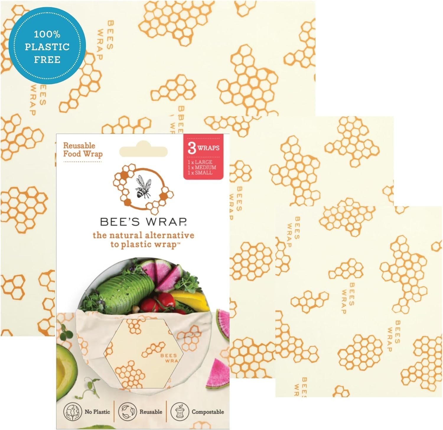 Bee’s Wrap Beeswax Food Wraps, 3 Pack Assorted – Honeycomb | Organic Beeswax Wraps – Small, Medium & Large – Plastic Free – Reusable Food Storage – Cheese & Produce – Made in USA