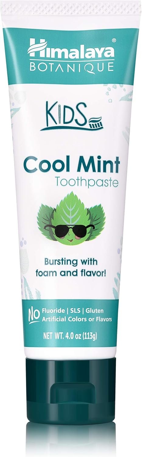 Himalaya Botanique Kids Toothpaste, Cool Mint, Fluoride-Free, Gentle, No Artificial Colors, SLS Free, Gluten Free, Cruelty Free, Vegan, Foaming, 4 Oz, 1 Pack… | Fluoride Free Kids Toothpaste, Gently Fights Plaque, Toddler Toothpaste – Vegan, SLS Free, No Artificial Colors or Flavors